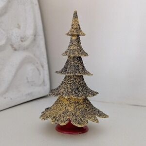 Vintage Putz Village Gold Small Mica Glitter Christmas Tree Red Base‎ Hong Kong